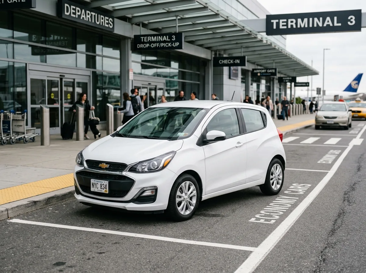 Chevrolet Spark economy hatchback, white, parked at airport terminal, clean studio angle, compact city car