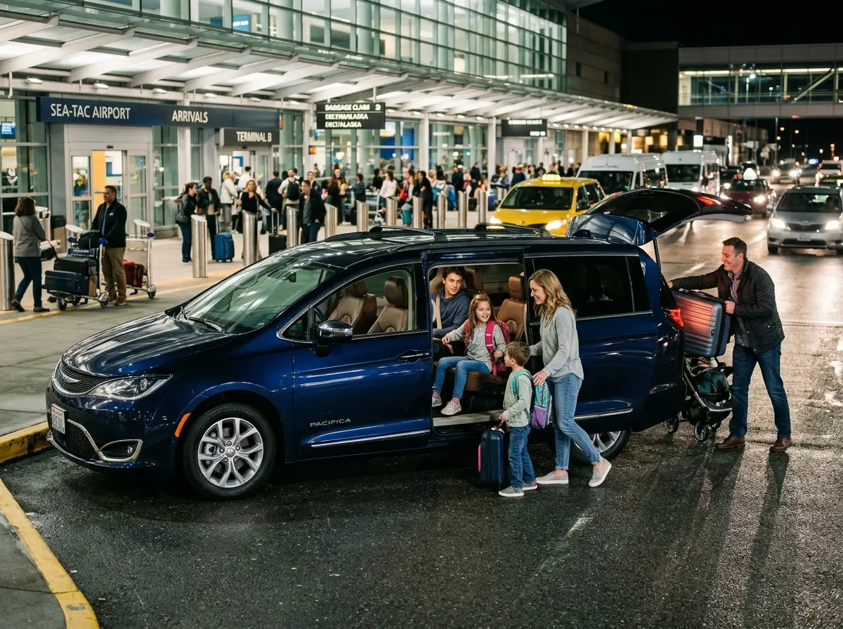Chrysler Pacifica minivan, dark blue, family travel, airport pickup, spacious 7-passenger vehicle side view