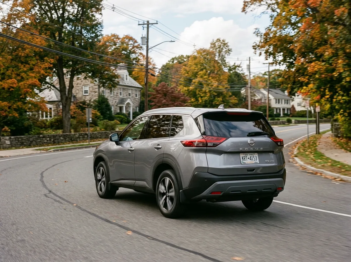 Nissan Rogue SUV, silver gray, suburban Westchester roads, modern crossover three-quarter rear view