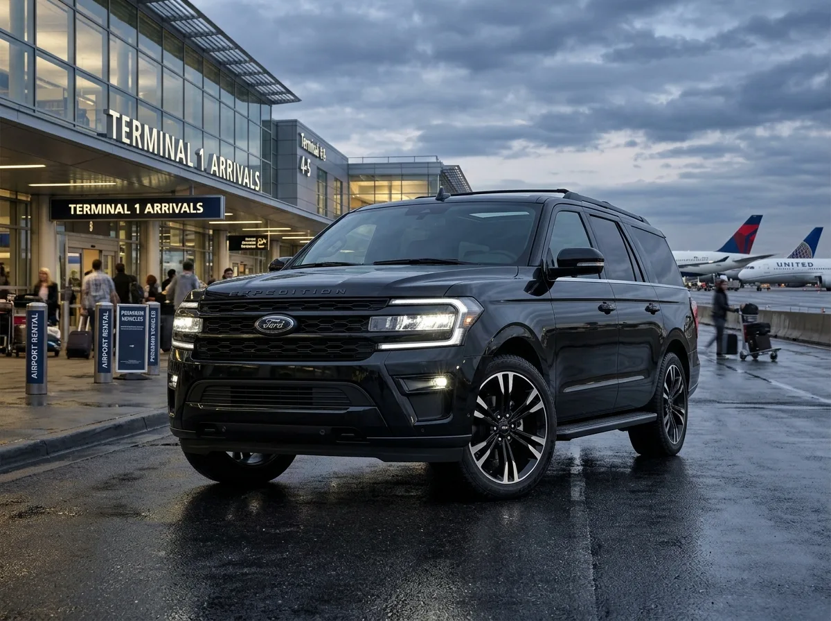 Ford Expedition full-size SUV, black, large 7-passenger, premium airport rental, dramatic low angle shot