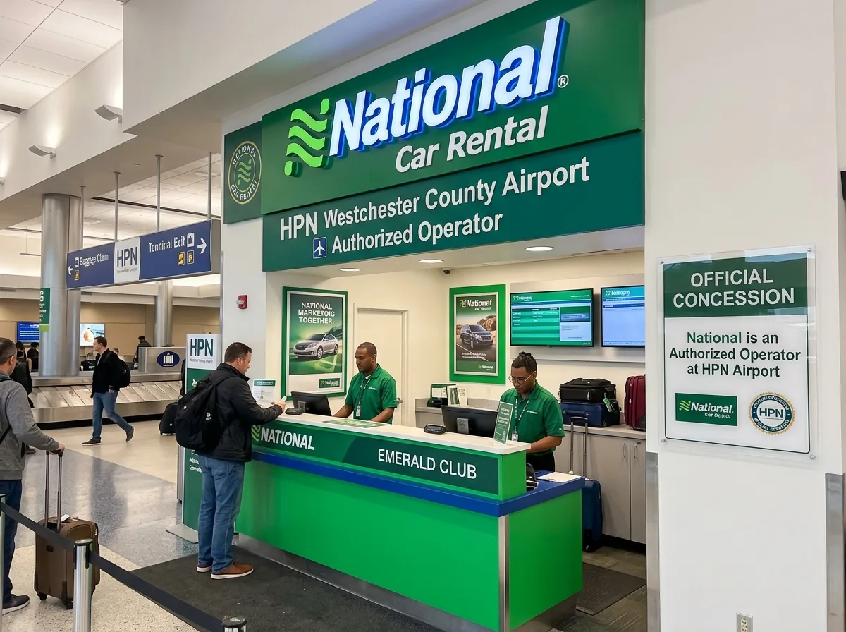 National Car Rental brand logo, authorized HPN airport operator, official concession