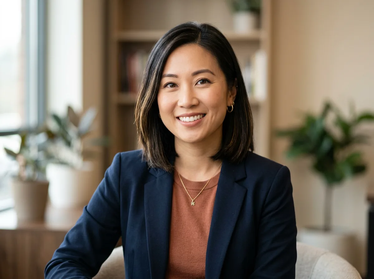 Professional headshot of Rachel Kim, 30s Asian-American woman, business casual, warm smile, neutral background