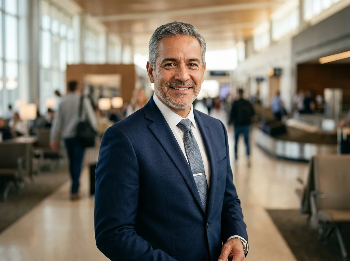 Professional headshot of James Ortega, 50s Hispanic male business traveler, suit jacket, confident expression