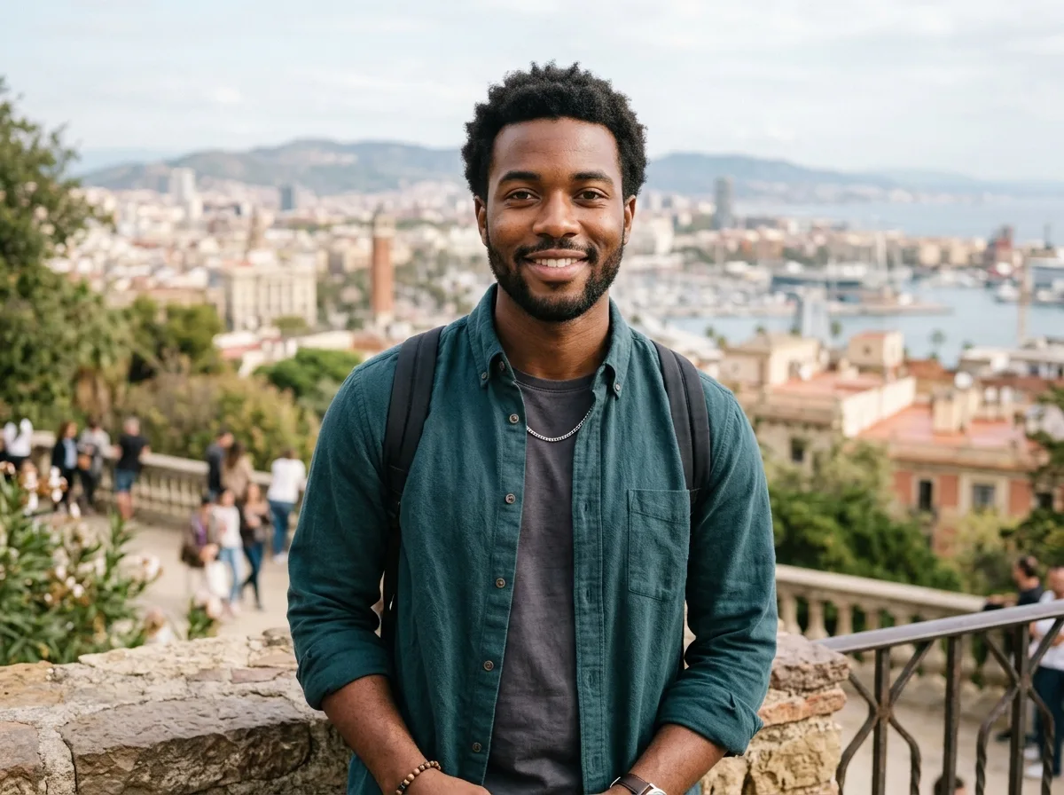 Professional headshot of Tyler Brooks, 25 Black male traveler, casual attire, natural outdoor light portrait