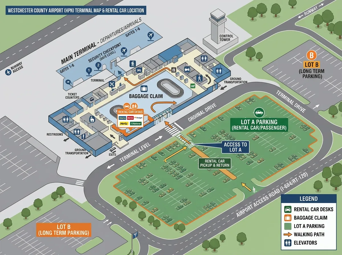 Westchester County Airport HPN terminal map showing rental car desk location in baggage claim and Lot A parking, aerial diagram style