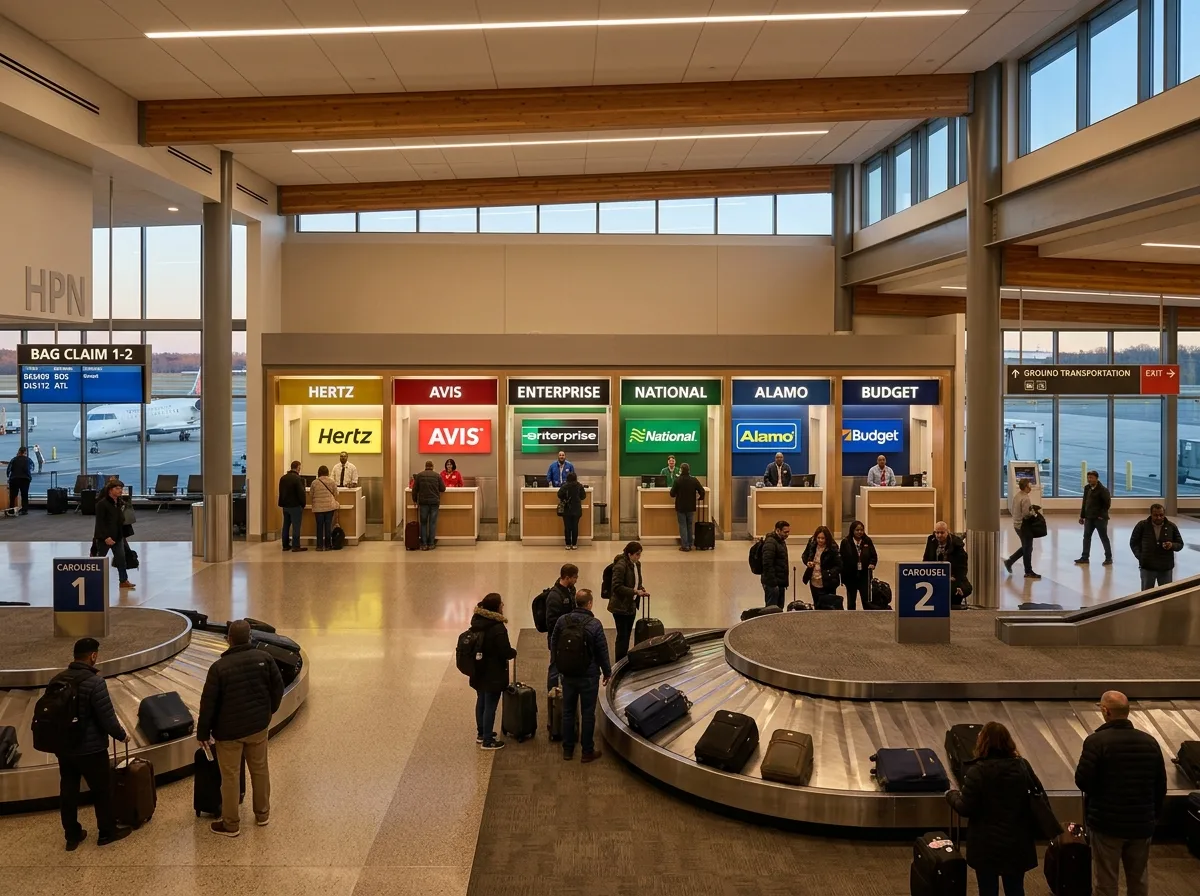 Westchester County Airport HPN terminal interior baggage claim area showing rental car desks from six operators, modern clean airport architecture, warm lighting